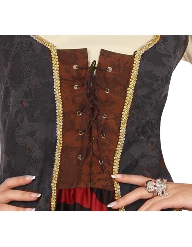 Costume pirata donna con corsetto marrone, gonna rossa nera e bandana per feste in maschera