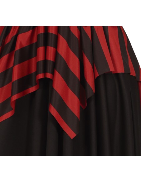 Costume pirata donna con corsetto marrone, gonna rossa nera e bandana per feste in maschera