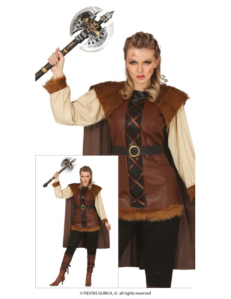 Costume da vichinga donna con tunica marrone, mantello con cappuccio e ascia decorativa per feste a tema