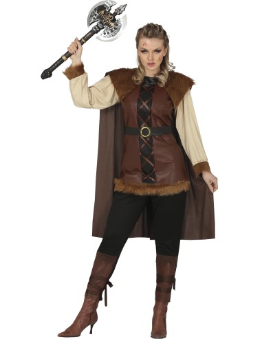 Costume da vichinga donna con tunica marrone, mantello con cappuccio e ascia decorativa per feste a tema