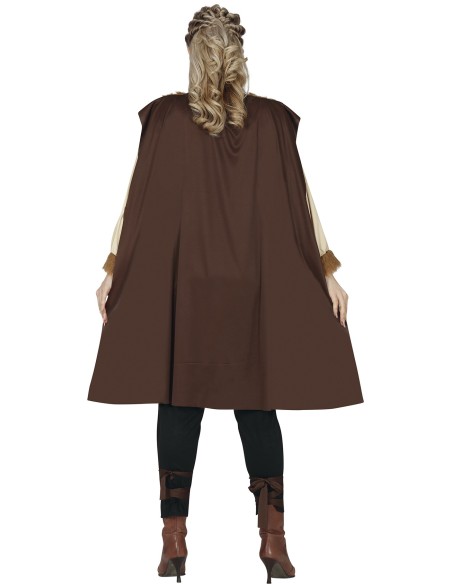 Costume da vichinga donna con tunica marrone, mantello con cappuccio e ascia decorativa per feste a tema