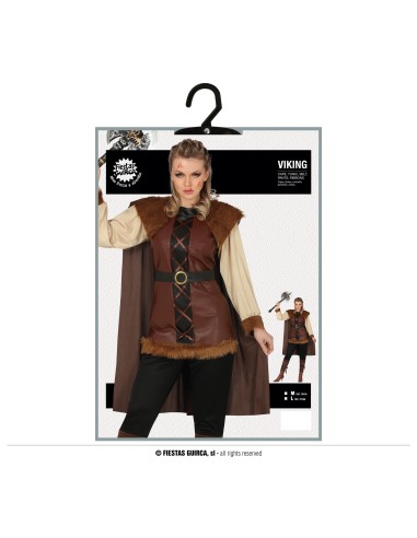 Costume da vichinga donna con tunica marrone, mantello con cappuccio e ascia decorativa per feste a tema