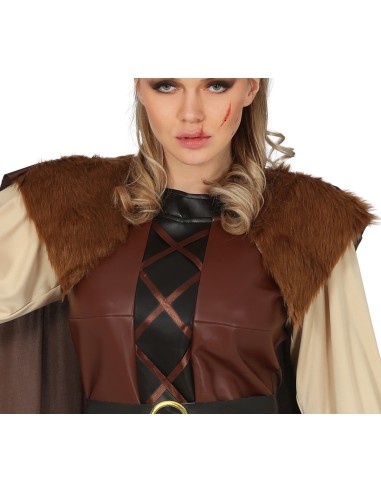 Costume da vichinga donna con tunica marrone, mantello con cappuccio e ascia decorativa per feste a tema