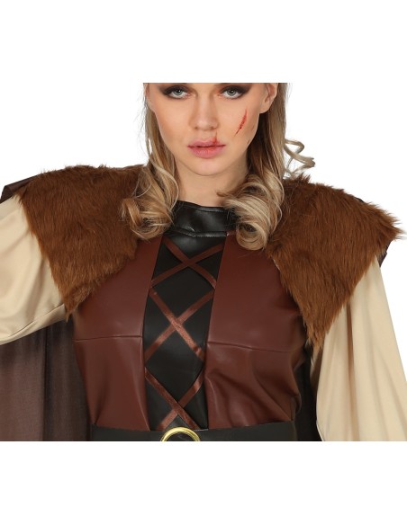 Costume da vichinga donna con tunica marrone, mantello con cappuccio e ascia decorativa per feste a tema
