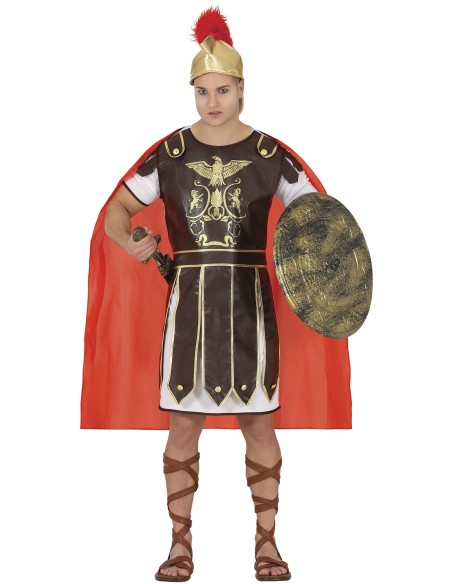 Costume gladiatore romano con tunica marrone decorata, mantello rosso, casco dorato e scudo per carnevale uomo