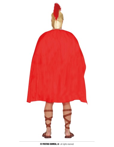 Costume gladiatore romano con tunica marrone decorata, mantello rosso, casco dorato e scudo per carnevale uomo
