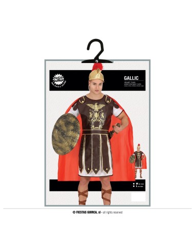 Costume gladiatore romano con tunica marrone decorata, mantello rosso, casco dorato e scudo per carnevale uomo