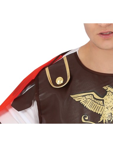 Costume gladiatore romano con tunica marrone decorata, mantello rosso, casco dorato e scudo per carnevale uomo