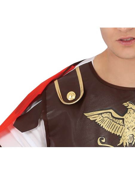 Costume gladiatore romano con tunica marrone decorata, mantello rosso, casco dorato e scudo per carnevale uomo