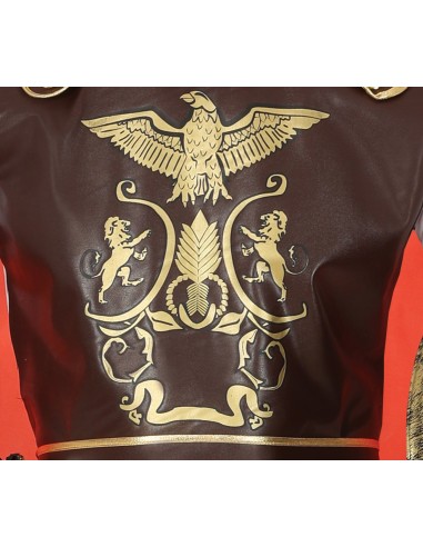 Costume gladiatore romano con tunica marrone decorata, mantello rosso, casco dorato e scudo per carnevale uomo