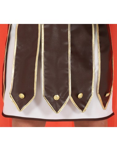 Costume gladiatore romano con tunica marrone decorata, mantello rosso, casco dorato e scudo per carnevale uomo