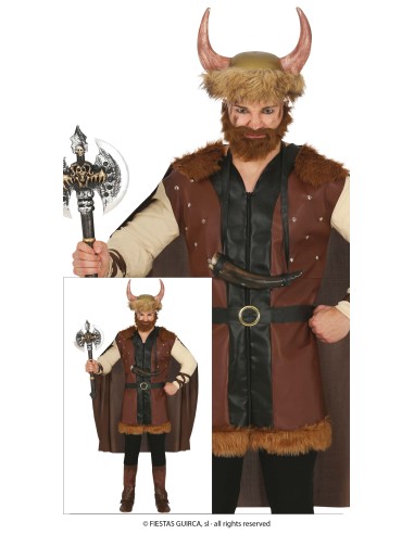 Costume Vichingo uomo con elmo cornuto, tunica marrone e mantello per Carnevale e feste a tema medievale