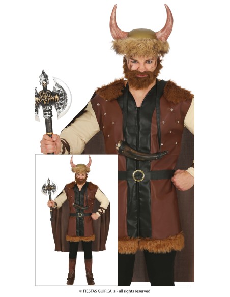 Costume Vichingo uomo con elmo cornuto, tunica marrone e mantello per Carnevale e feste a tema medievale