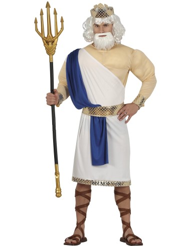 Costume Poseidone uomo con toga bianca, fascia blu, corona dorata e tridente per feste a tema mitologico