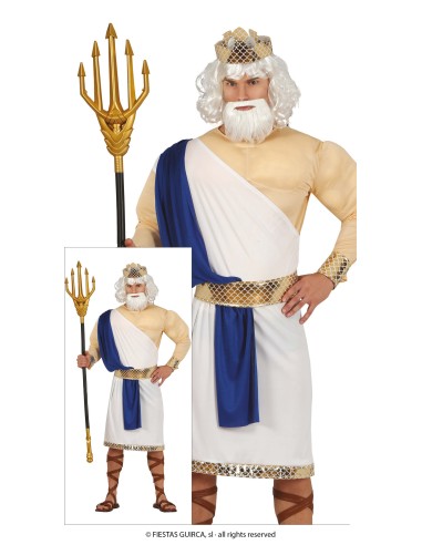 Costume Poseidone uomo con toga bianca, fascia blu, corona dorata e tridente per feste a tema mitologico