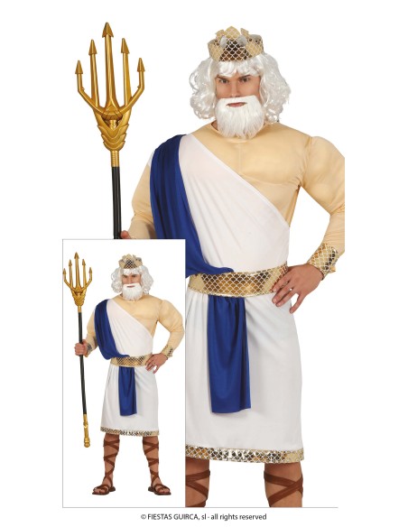Costume Poseidone uomo con toga bianca, fascia blu, corona dorata e tridente per feste a tema mitologico