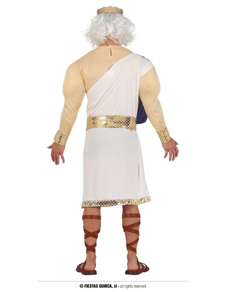 Costume Poseidone uomo con toga bianca, fascia blu, corona dorata e tridente per feste a tema mitologico