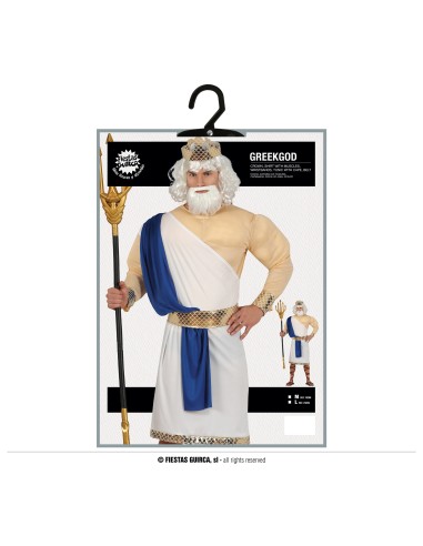 Costume Poseidone uomo con toga bianca, fascia blu, corona dorata e tridente per feste a tema mitologico