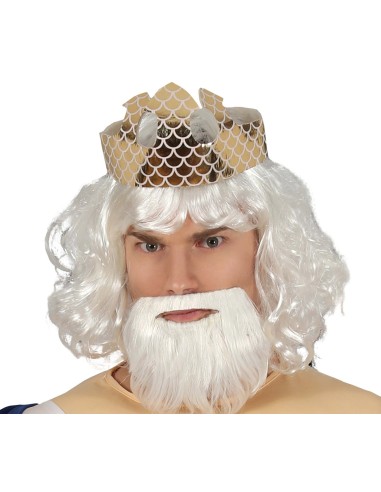 Costume Poseidone uomo con toga bianca, fascia blu, corona dorata e tridente per feste a tema mitologico
