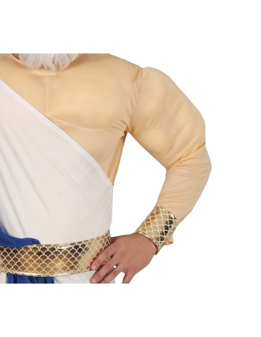 Costume Poseidone uomo con toga bianca, fascia blu, corona dorata e tridente per feste a tema mitologico