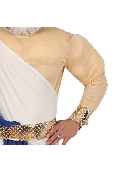 Costume Poseidone uomo con toga bianca, fascia blu, corona dorata e tridente per feste a tema mitologico