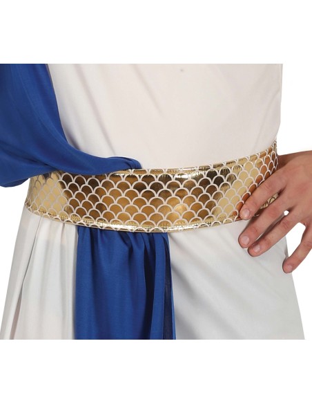 Costume Poseidone uomo con toga bianca, fascia blu, corona dorata e tridente per feste a tema mitologico