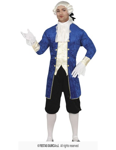 Costume da marchese blu con gilet bianco, parrucca e accessori settecenteschi per uomo