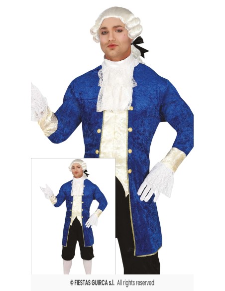 Costume da marchese blu con gilet bianco, parrucca e accessori settecenteschi per uomo