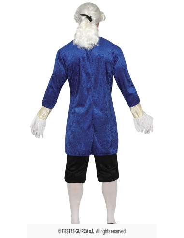 Costume da marchese blu con gilet bianco, parrucca e accessori settecenteschi per uomo