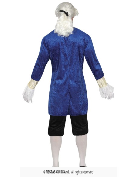 Costume da marchese blu con gilet bianco, parrucca e accessori settecenteschi per uomo