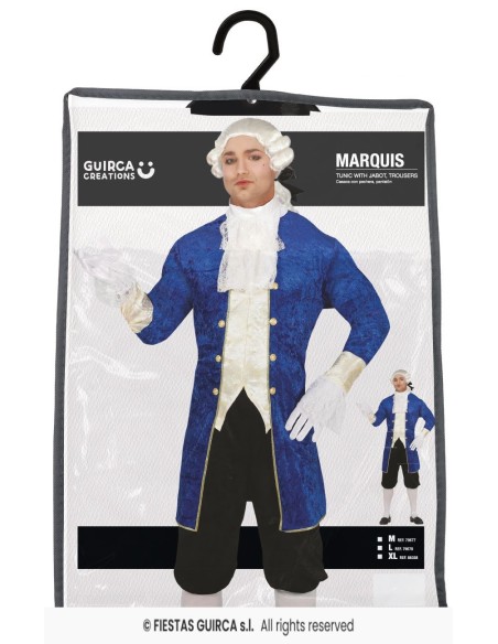 Costume da marchese blu con gilet bianco, parrucca e accessori settecenteschi per uomo