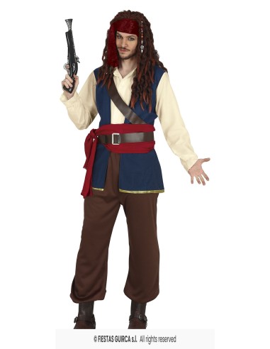 Costume pirata uomo completo con gilet blu, camicia bianca, pantaloni marroni e bandana rossa