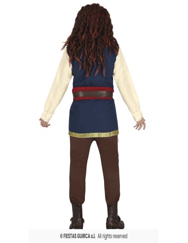 Costume pirata uomo completo con gilet blu, camicia bianca, pantaloni marroni e bandana rossa