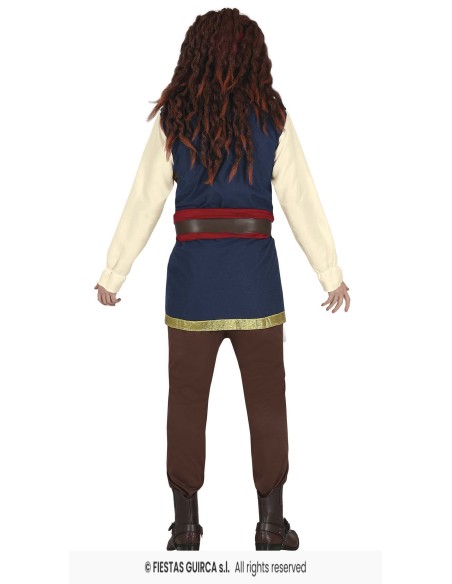 Costume pirata uomo completo con gilet blu, camicia bianca, pantaloni marroni e bandana rossa
