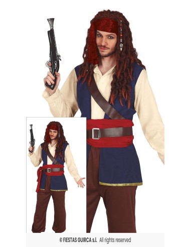 Costume pirata uomo completo con gilet blu, camicia bianca, pantaloni marroni e bandana rossa
