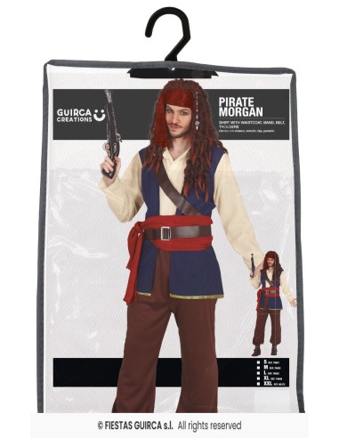 Costume pirata uomo completo con gilet blu, camicia bianca, pantaloni marroni e bandana rossa