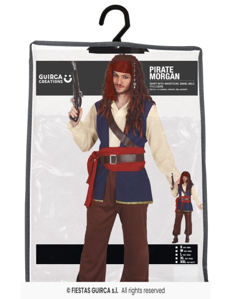 Costume pirata uomo completo con gilet blu, camicia bianca, pantaloni marroni e bandana rossa