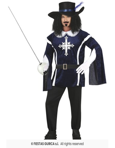 Costume moschettiere blu con mantello, cappello piumato e spada per uomo carnevale