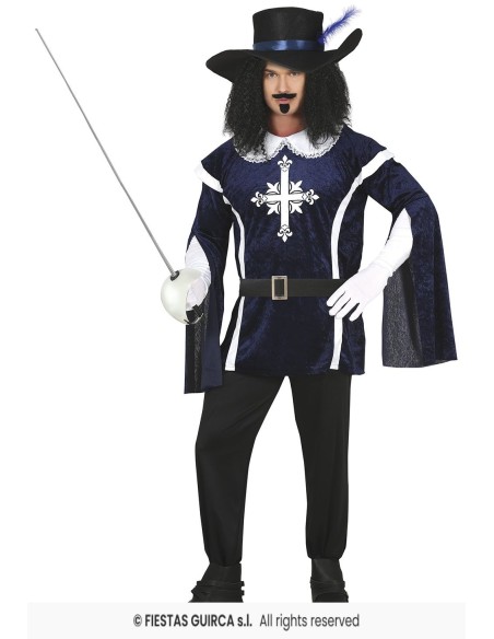 Costume moschettiere blu con mantello, cappello piumato e spada per uomo carnevale