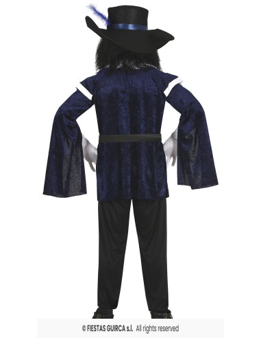 Costume moschettiere blu con mantello, cappello piumato e spada per uomo carnevale