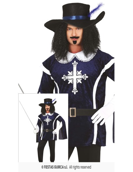 Costume moschettiere blu con mantello, cappello piumato e spada per uomo carnevale