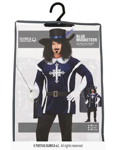 Costume moschettiere blu con mantello, cappello piumato e spada per uomo carnevale