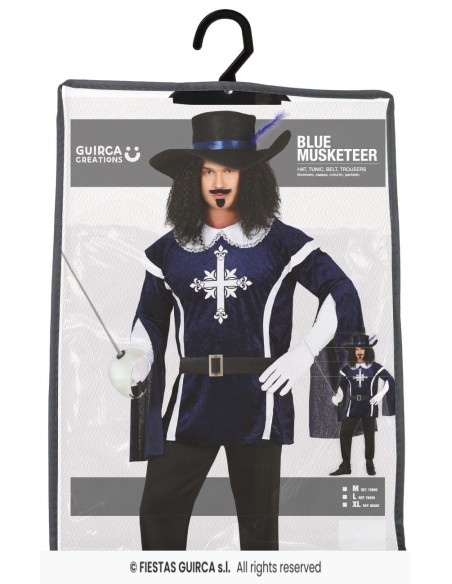 Costume moschettiere blu con mantello, cappello piumato e spada per uomo carnevale