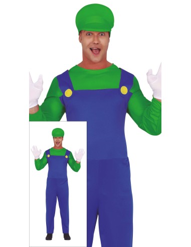 Costume Luigi Bross con tuta blu, maglia verde e cappello per feste a tema videogiochi