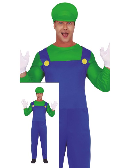 Costume Luigi Bross con tuta blu, maglia verde e cappello per feste a tema videogiochi