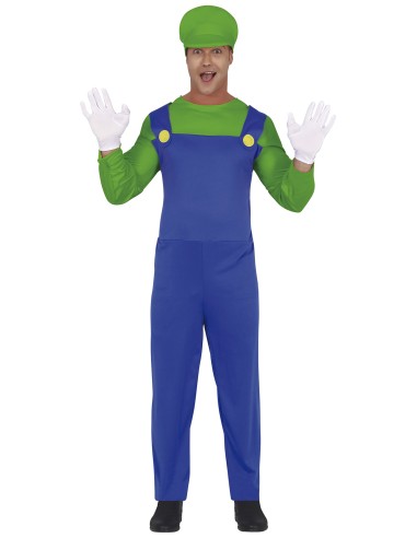 Costume Luigi Bross con tuta blu, maglia verde e cappello per feste a tema videogiochi
