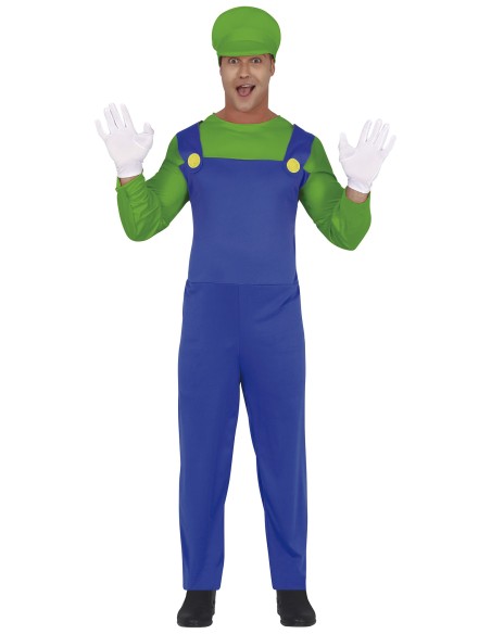 Costume Luigi Bross con tuta blu, maglia verde e cappello per feste a tema videogiochi