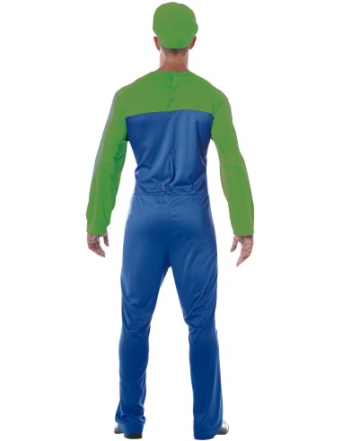 Costume Luigi Bross con tuta blu, maglia verde e cappello per feste a tema videogiochi