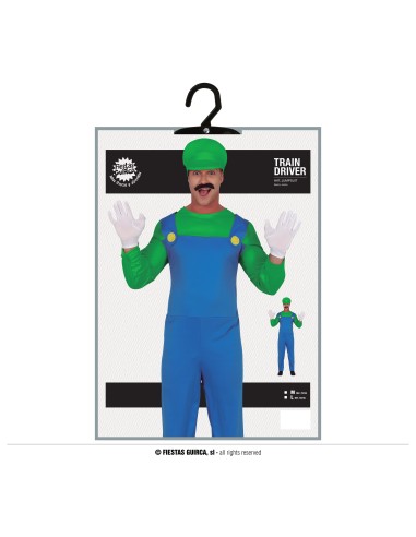 Costume Luigi Bross con tuta blu, maglia verde e cappello per feste a tema videogiochi