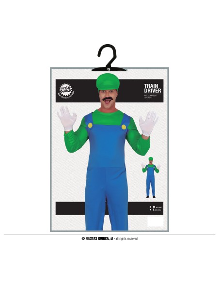 Costume Luigi Bross con tuta blu, maglia verde e cappello per feste a tema videogiochi